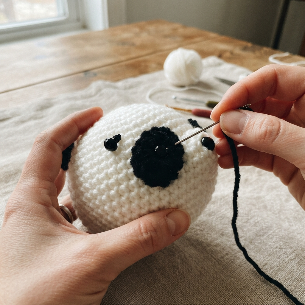 Two black crochet ears for a panda amigurumi, shown before attaching to the head