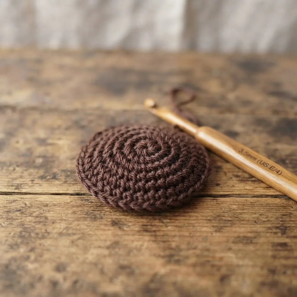 Crochet flower center in dark brown yarn with a raised spiral texture, before attaching petals