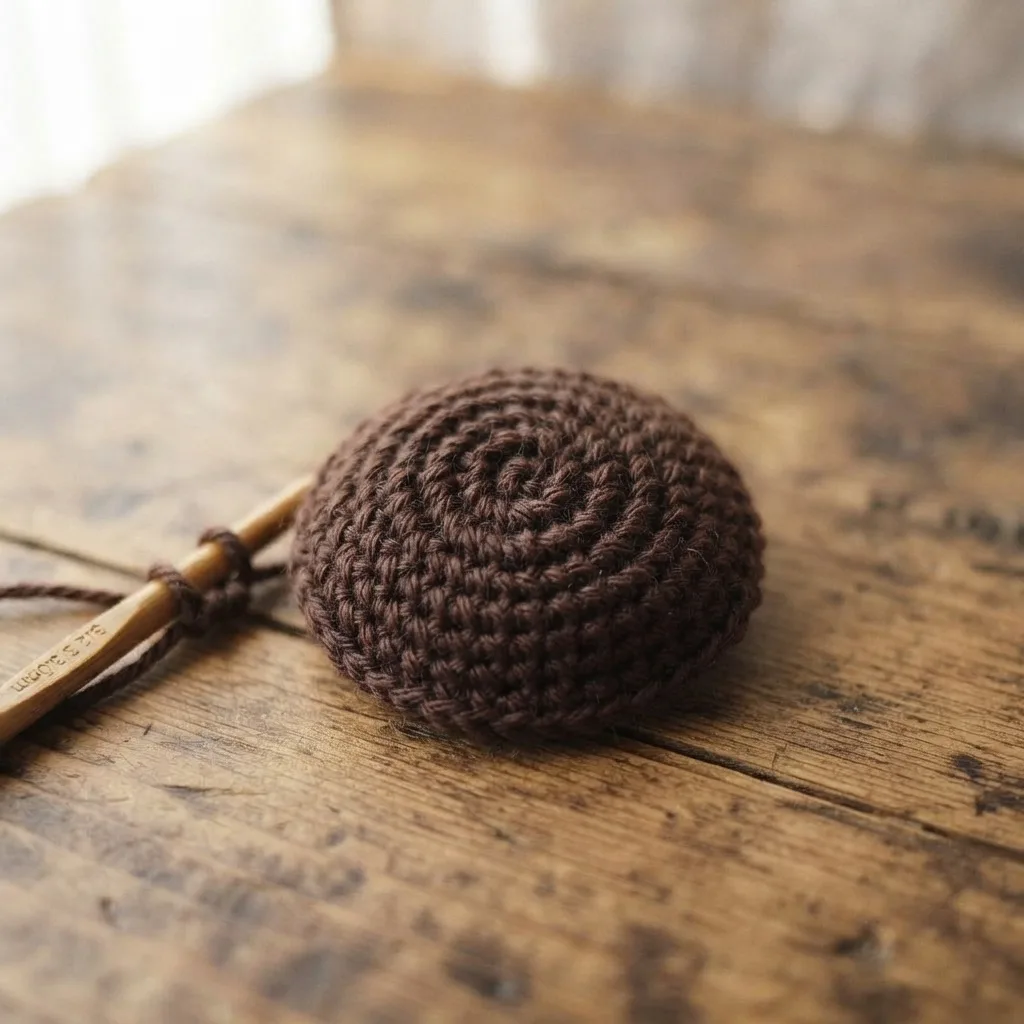 Crochet flower center in dark brown yarn with a raised spiral texture, before attaching petals