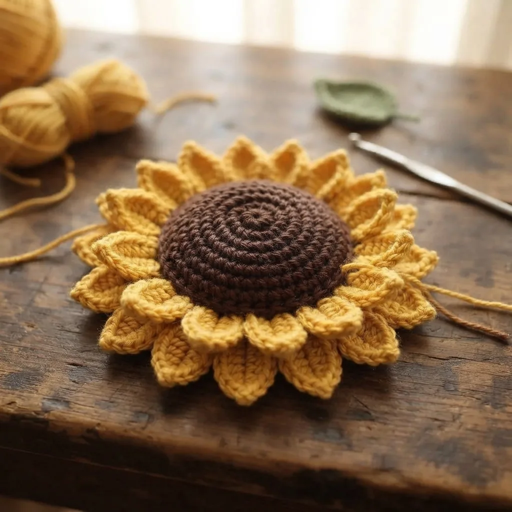 Two layers of golden crochet sunflower petals arranged around a textured brown center before sewing