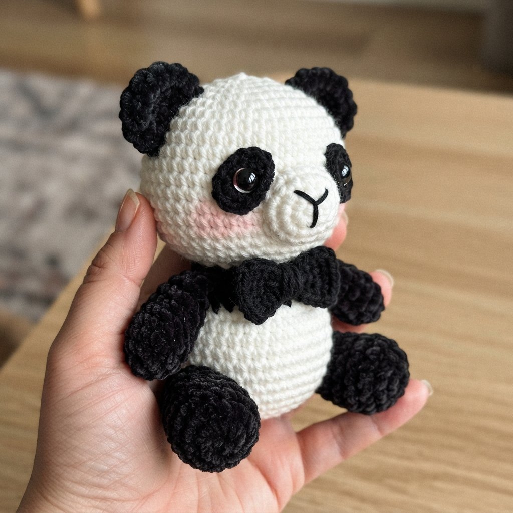 Handmade crochet panda amigurumi with black eye patches and a bow tie, held in a hand