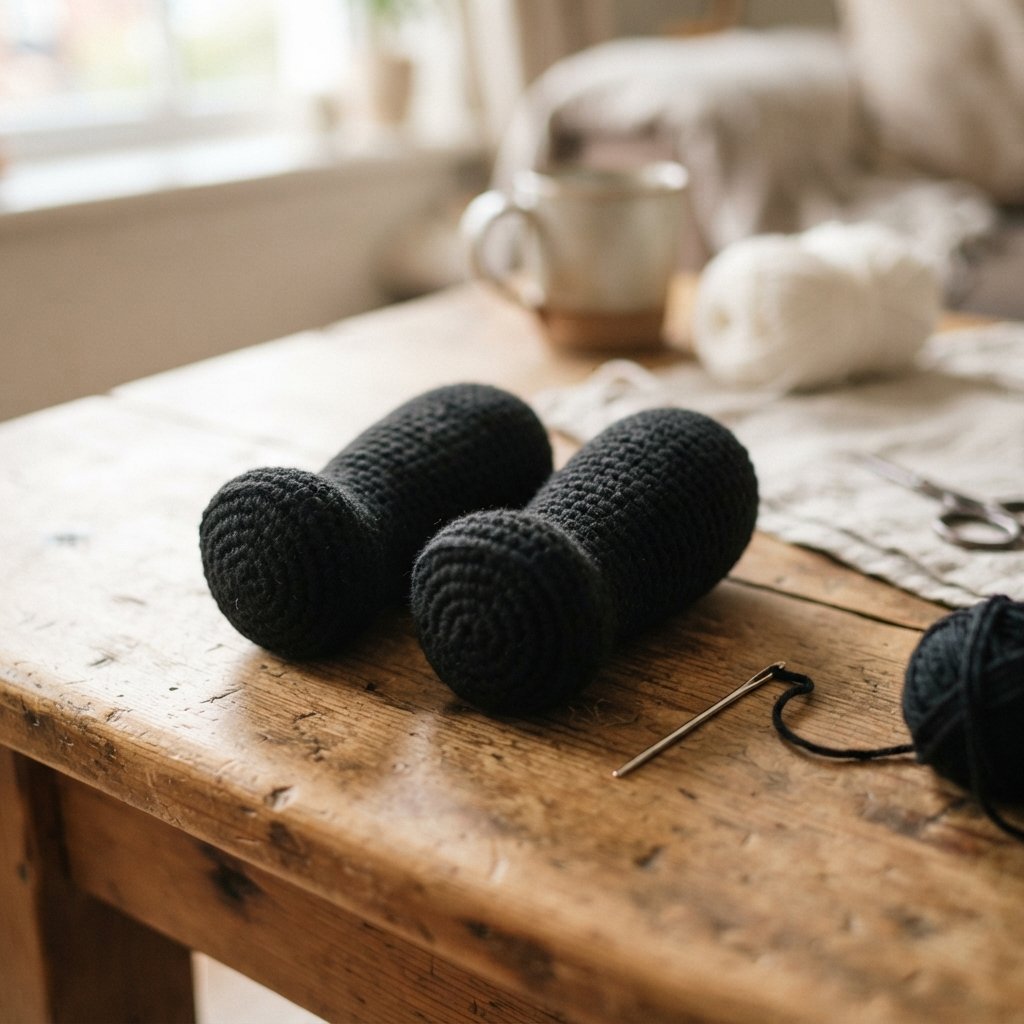 Black crochet legs and feet for a panda amigurumi, rounded and ready for stuffing