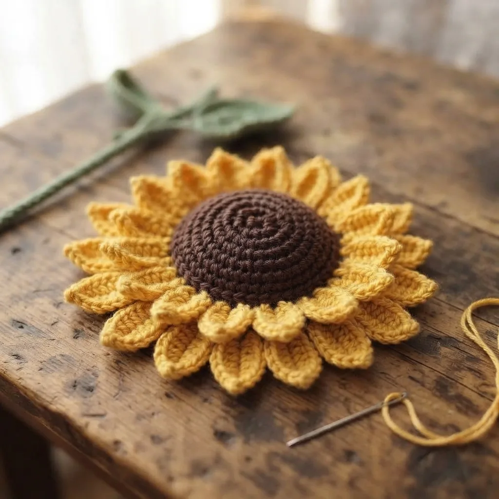 Finished crochet sunflower on a wrapped stem with golden petals curved outward