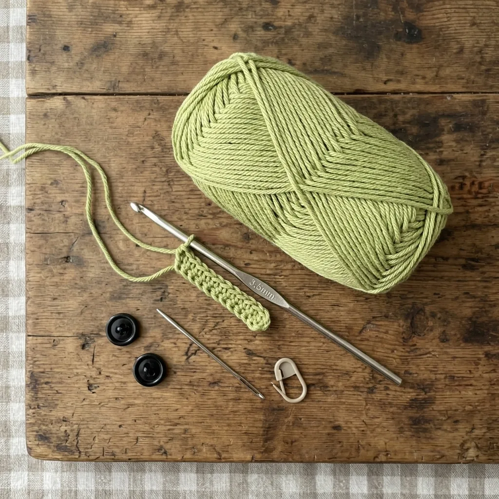 Crochet supplies for baby clog booties, including sage green yarn, a crochet hook, and small black buttons