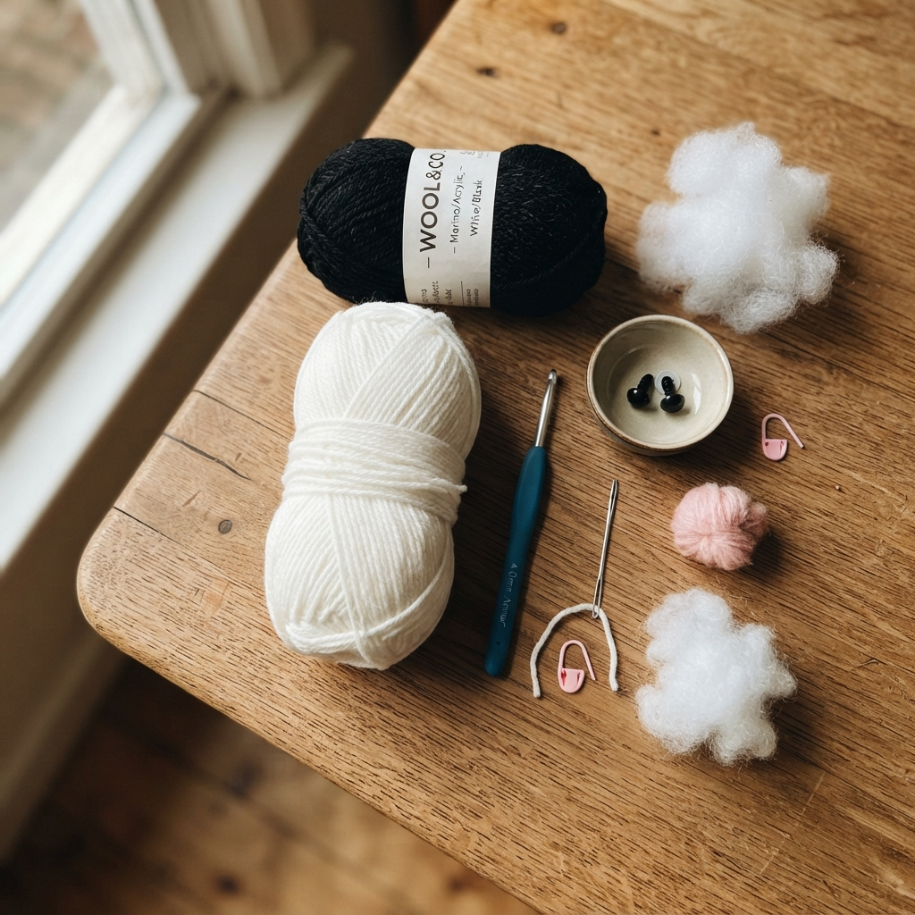 Crochet supplies for a panda amigurumi pattern, including white and black yarn, a crochet hook, safety eyes, and stuffing