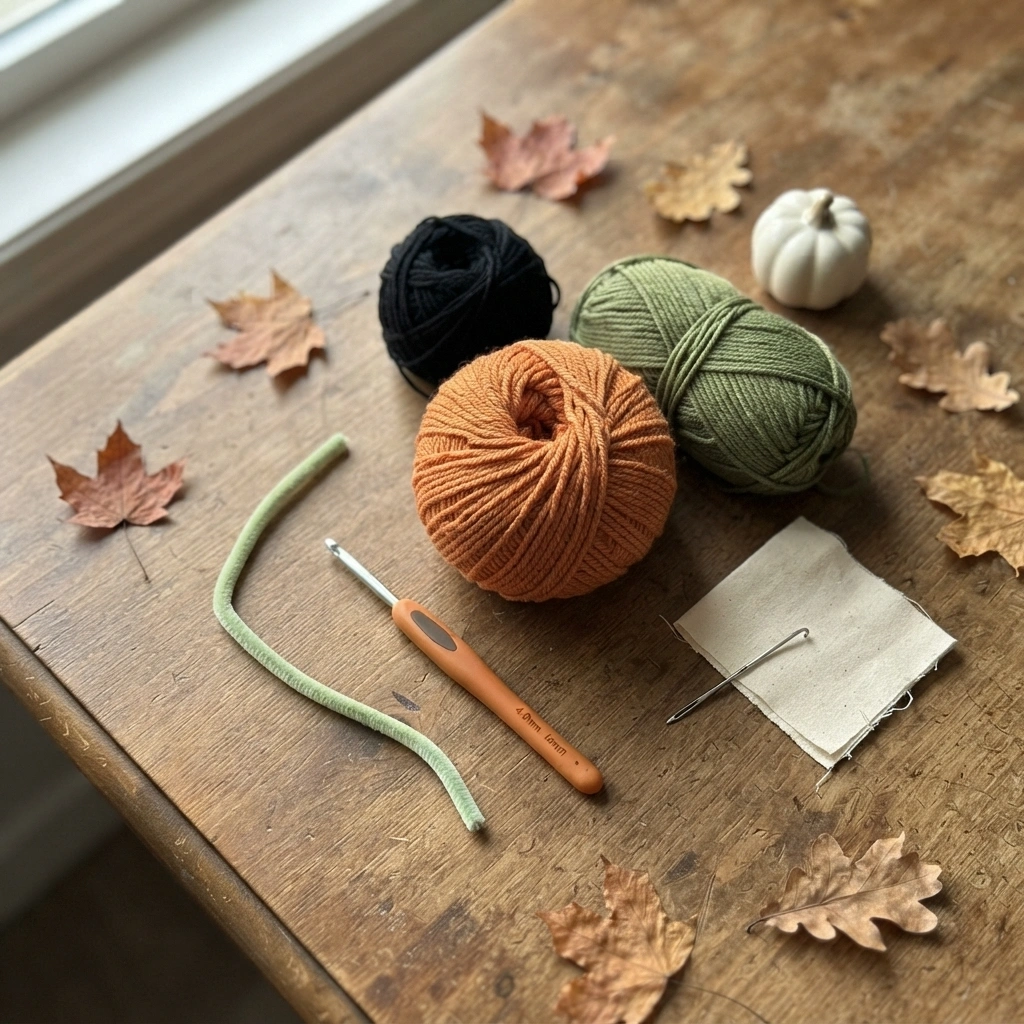 Crochet supplies for a jack-o'-lantern bag pattern, including orange, black, and green yarn, a crochet hook, and lining fabric