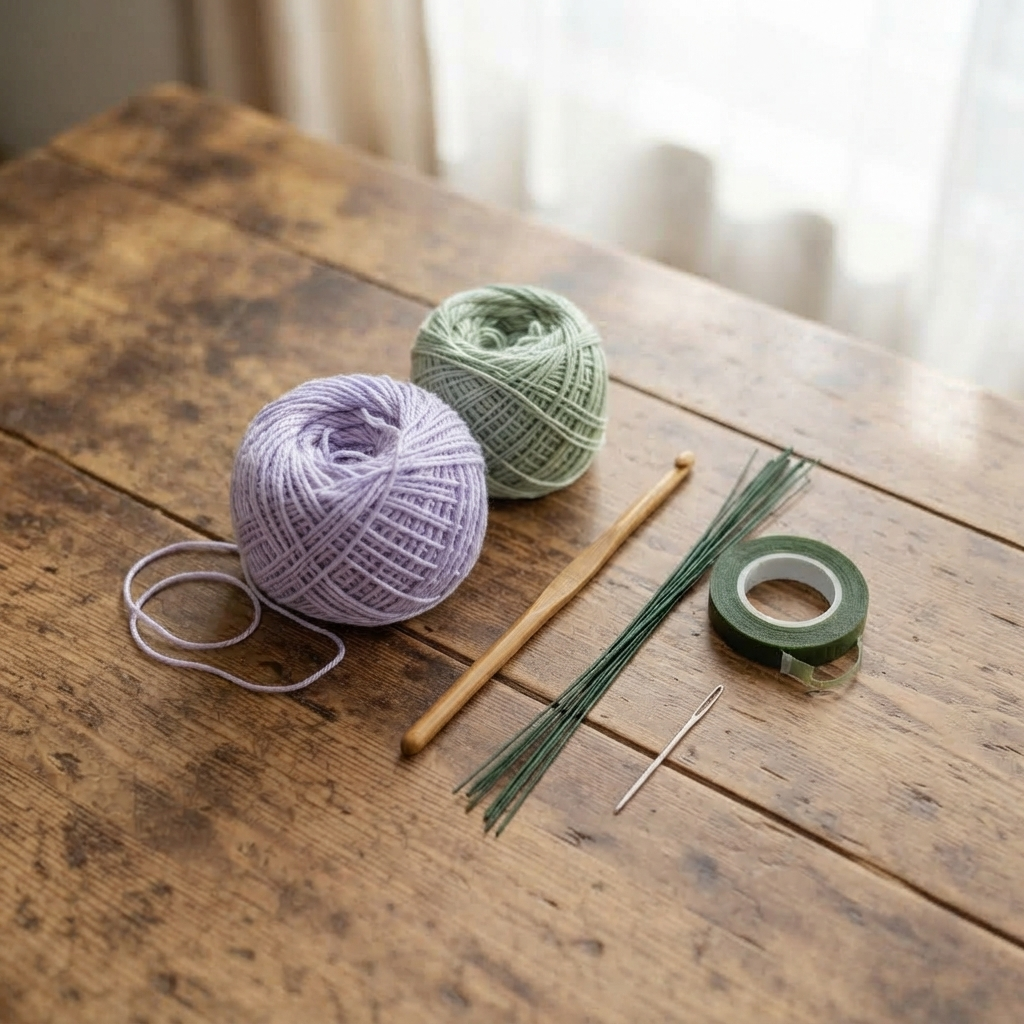 Crochet supplies for a lavender rose flower pattern, including purple and green yarn, a crochet hook, and floral wire