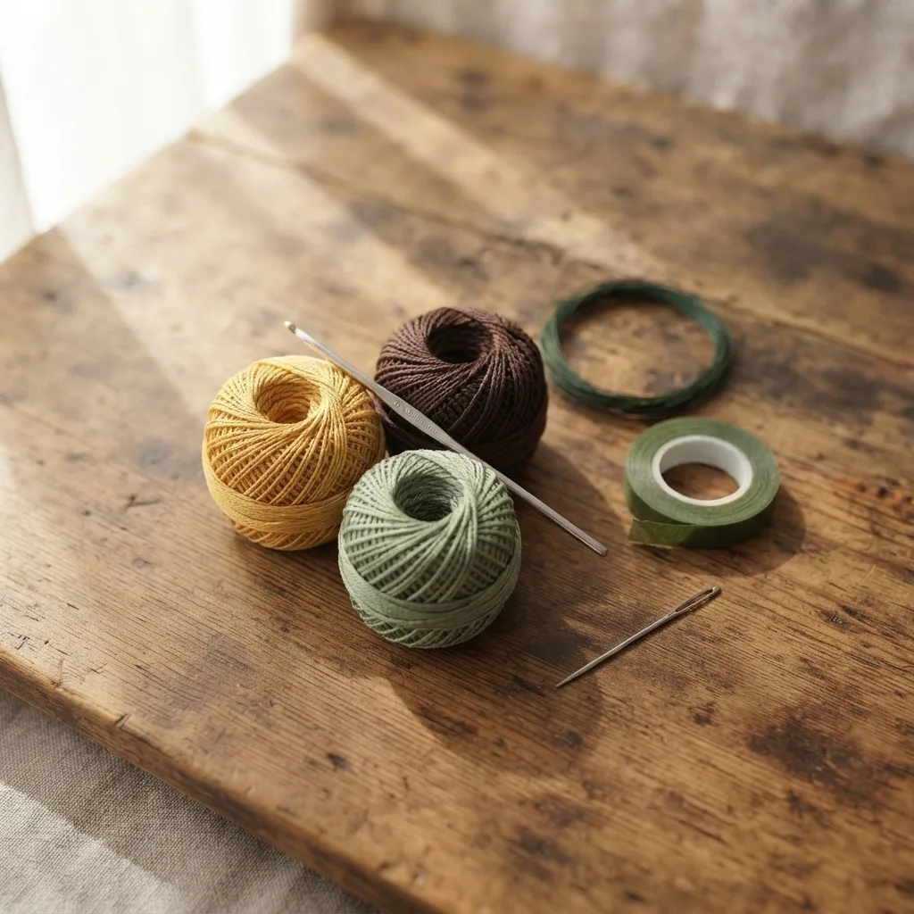 Crochet supplies for a sunflower flower pattern, including golden yellow, brown, and green yarn, a crochet hook, and floral wire