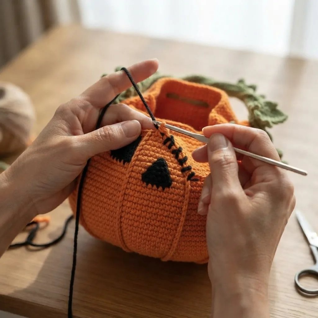 Black crochet jack-o'-lantern face with triangle eyes and a jagged mouth worked into an orange bag