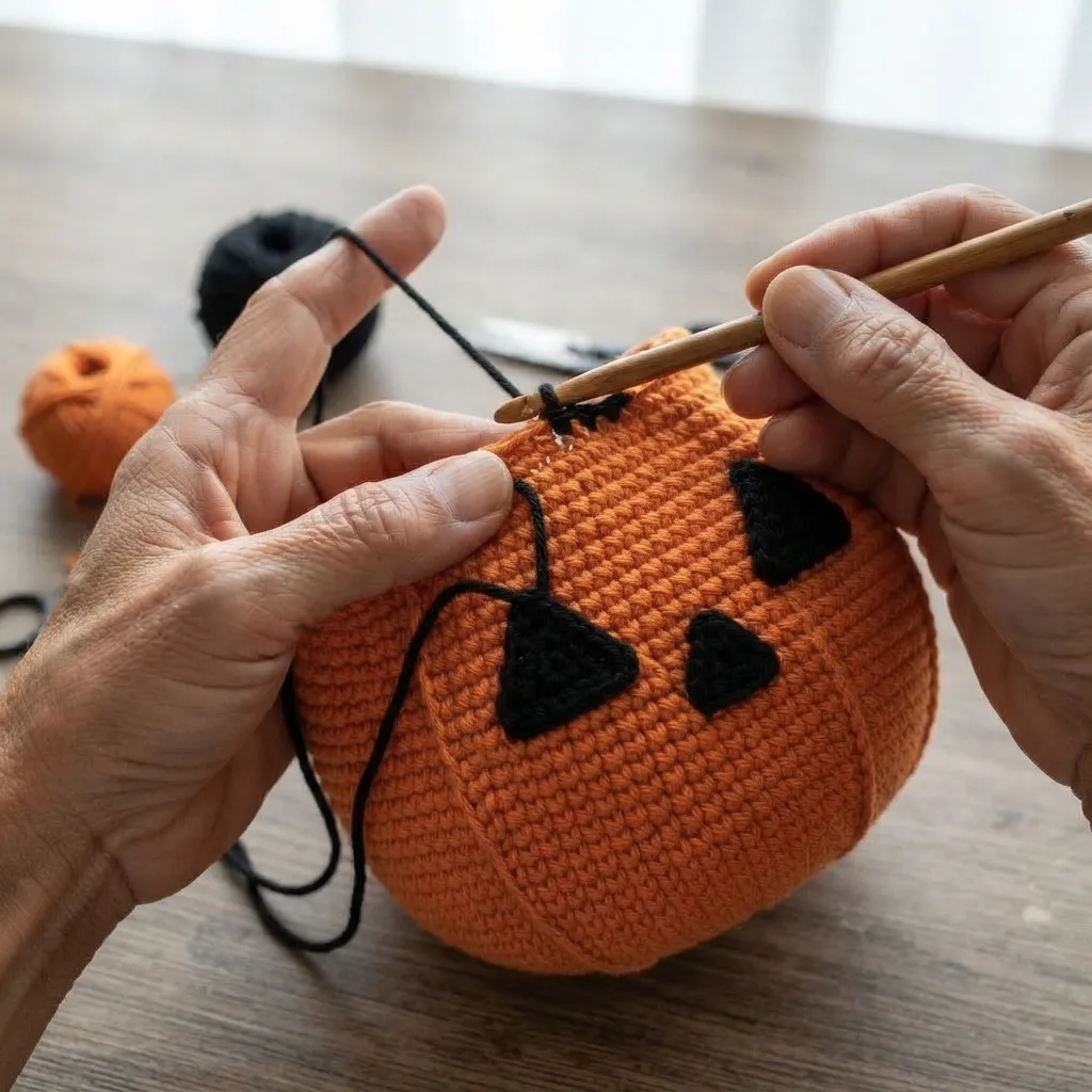Black crochet jack-o'-lantern face with triangle eyes and a jagged mouth worked into an orange bag