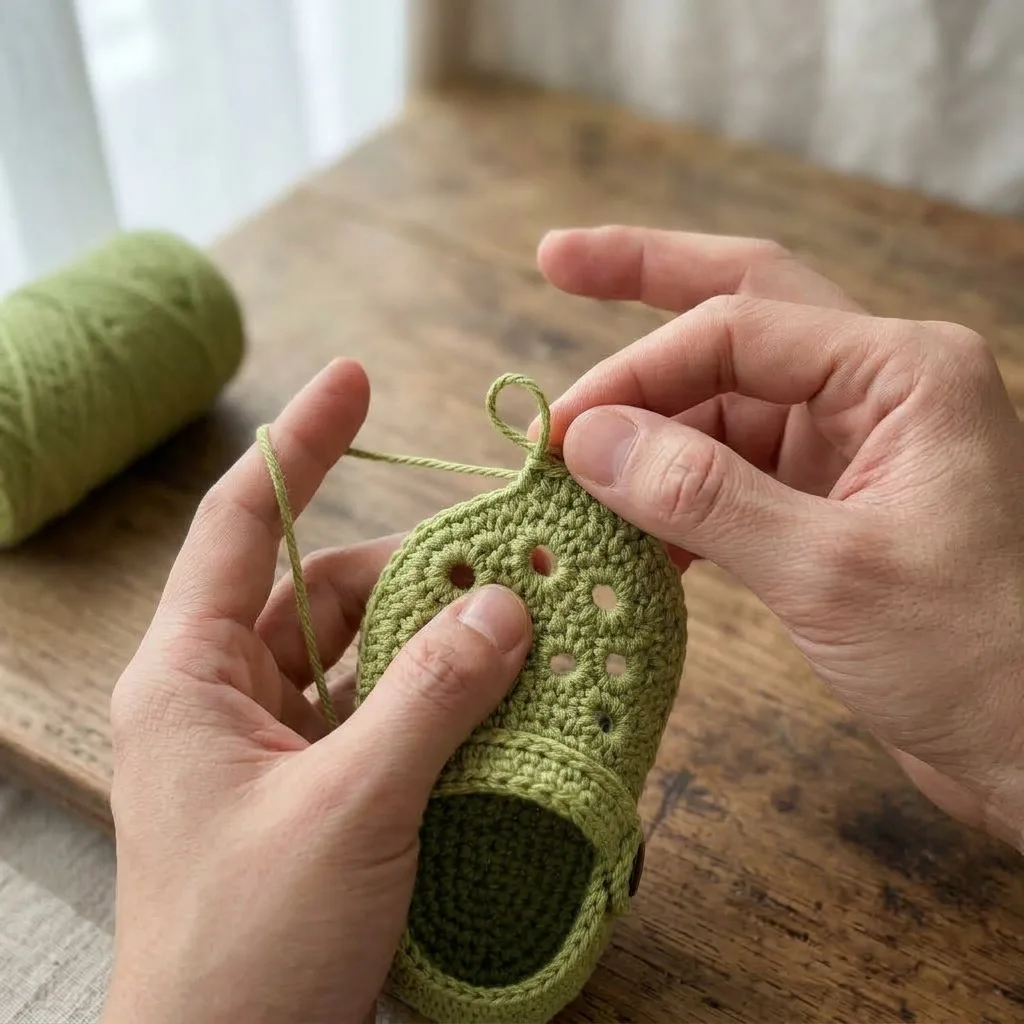 Crochet baby clog uppers and straps laid out before sewing together