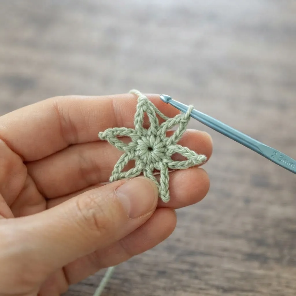 Rolled crochet rose bloom, sepal base, and green leaves laid out before assembly