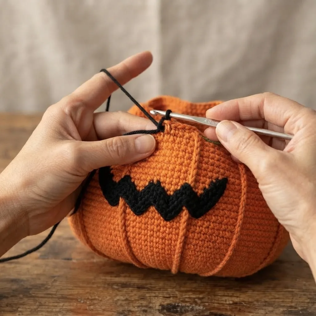 Black crochet jack-o'-lantern face with triangle eyes and a jagged mouth worked into an orange bag