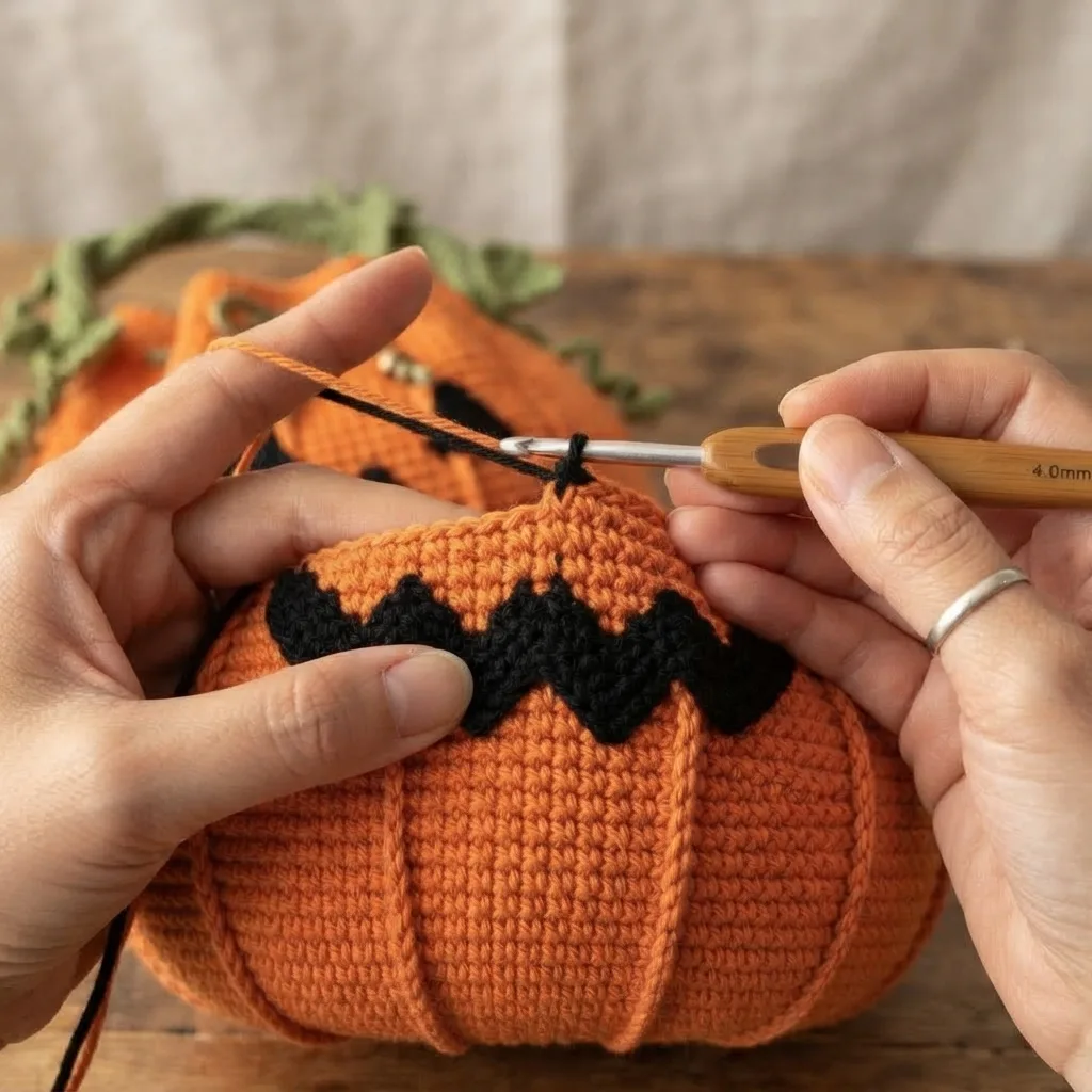 Black crochet jack-o'-lantern face with triangle eyes and a jagged mouth worked into an orange bag