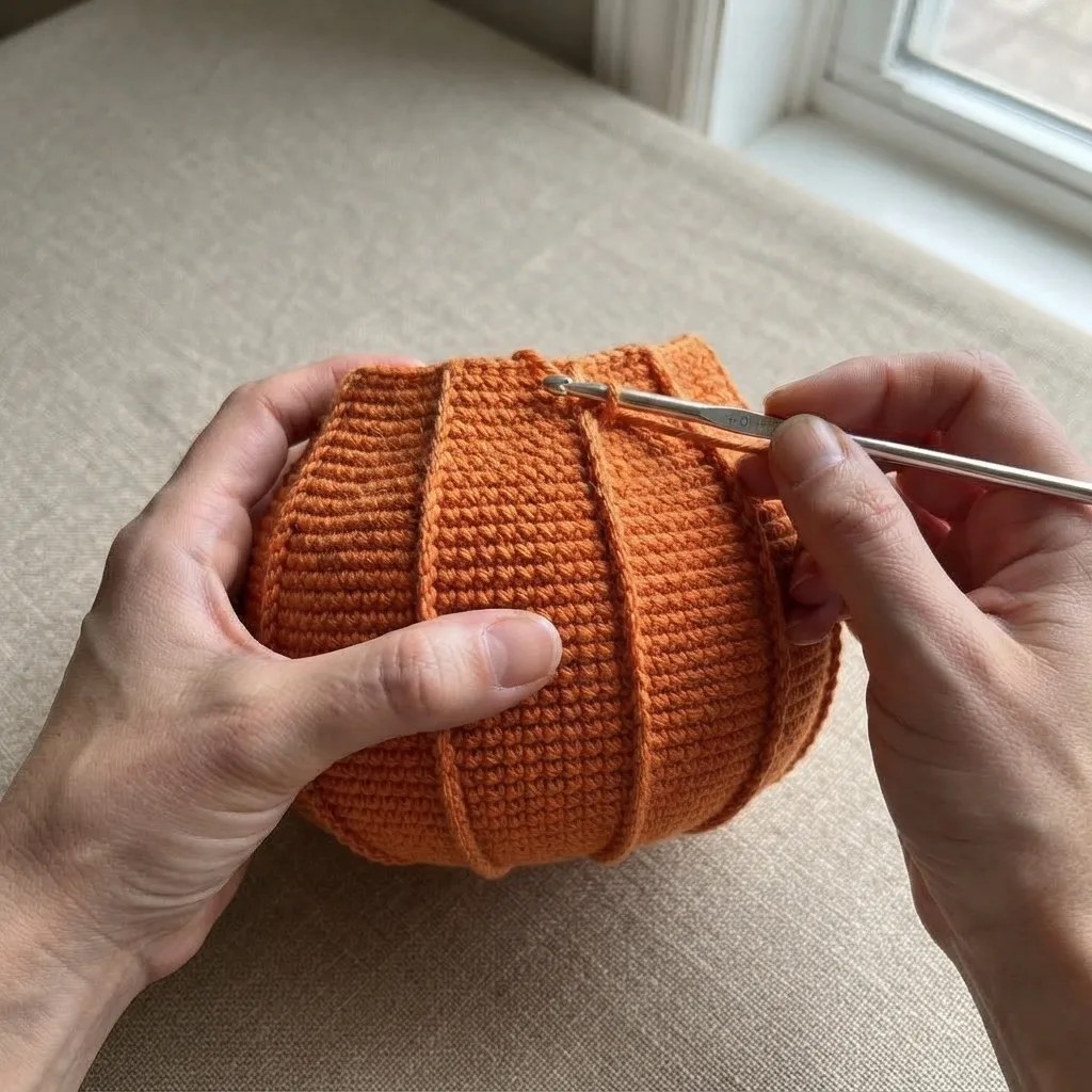 Orange crochet pumpkin bag body worked in the round, shown before the face is added