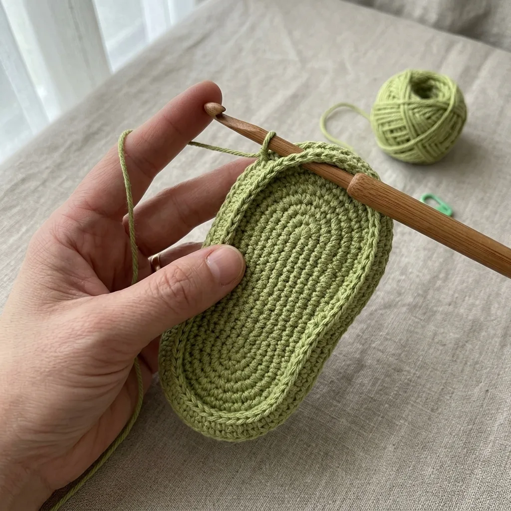 Crochet baby clog uppers and straps laid out before sewing together