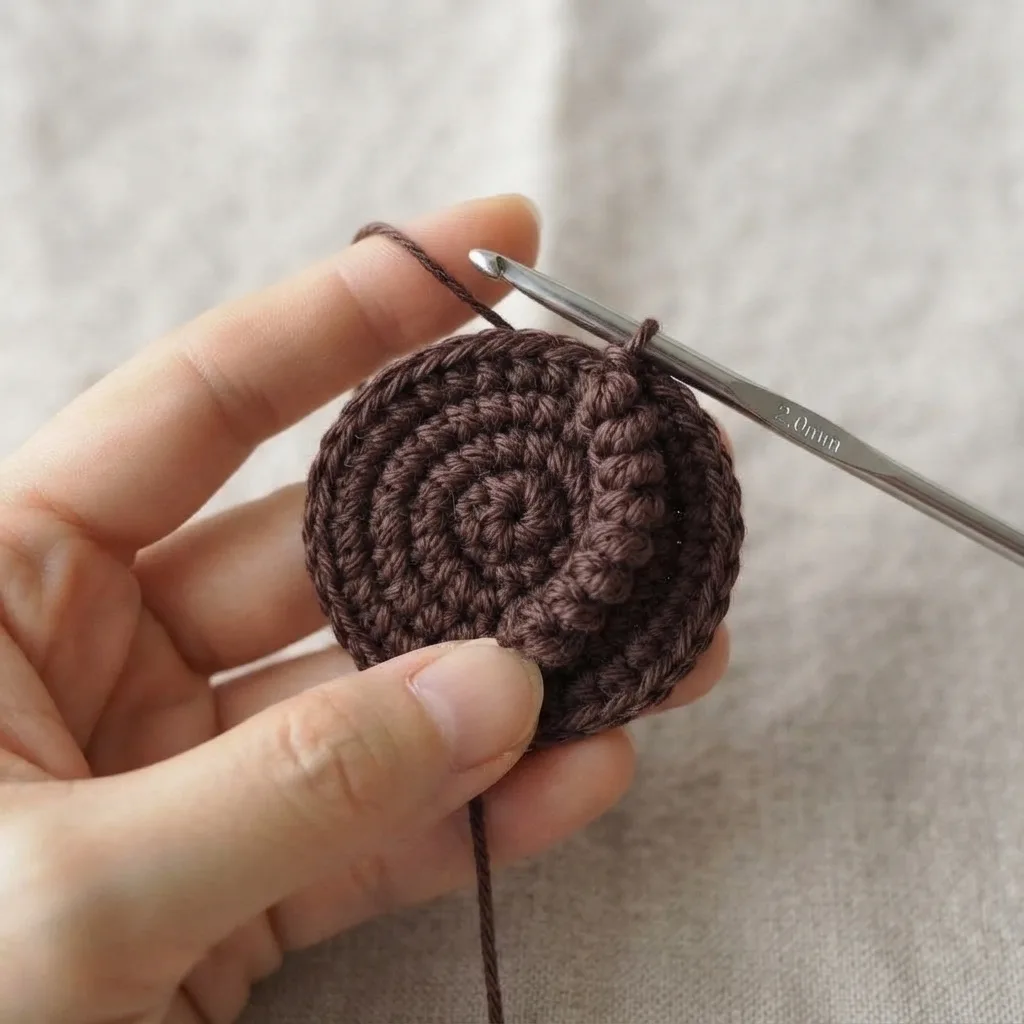 Crochet flower center in dark brown yarn with a raised spiral texture, before attaching petals