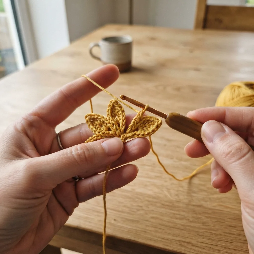 Two layers of golden crochet sunflower petals arranged around a textured brown center before sewing