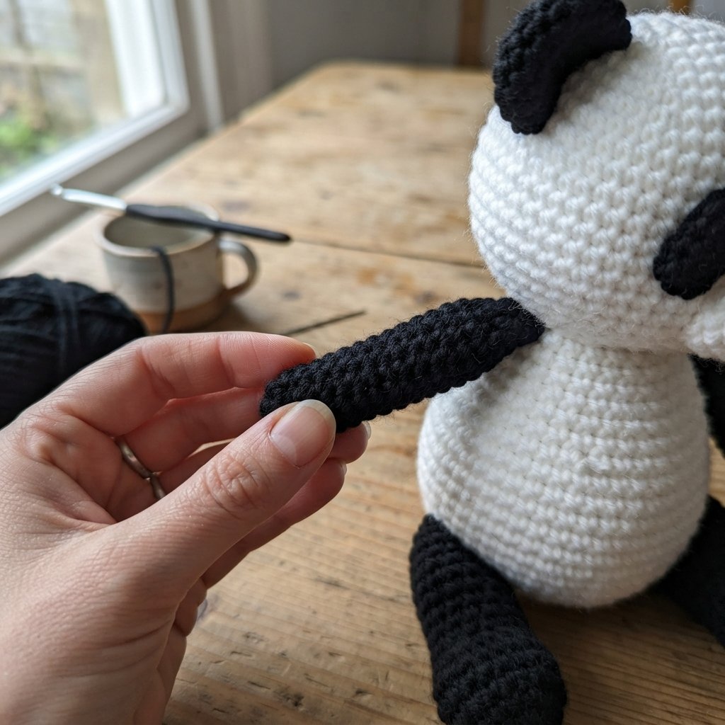 Black crochet arms for a panda amigurumi pattern, placed against the body before sewing