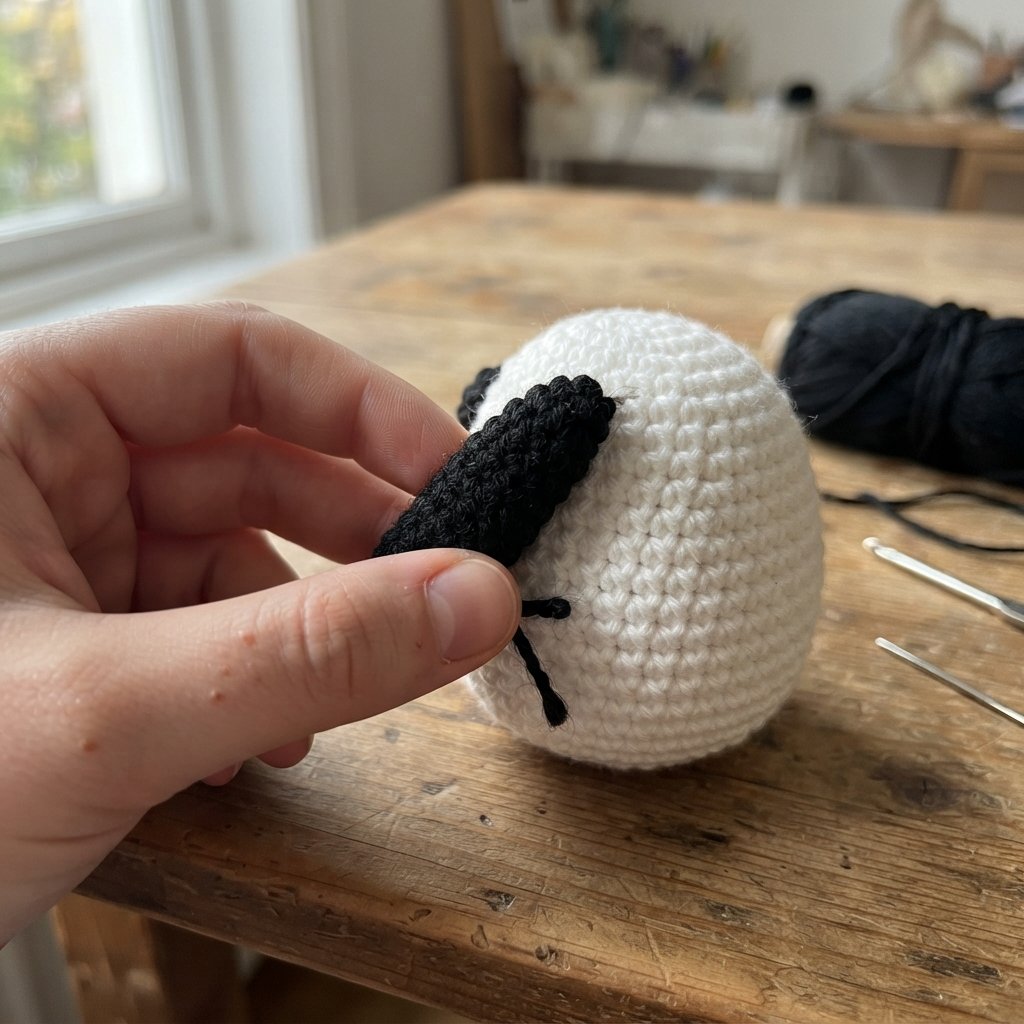 Black crochet arms for a panda amigurumi pattern, placed against the body before sewing