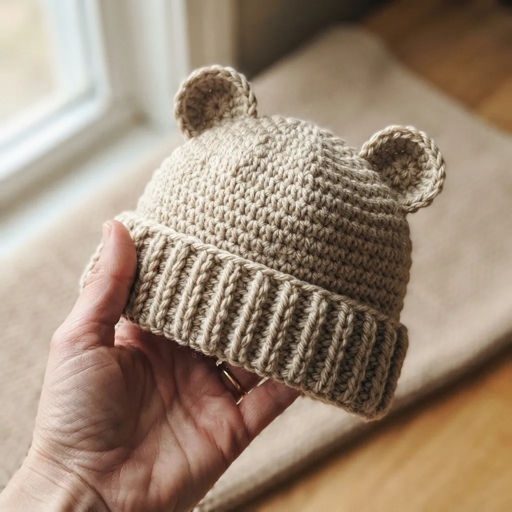 Handmade neutral crochet baby beanie with textured ribbing and rounded bear ears
