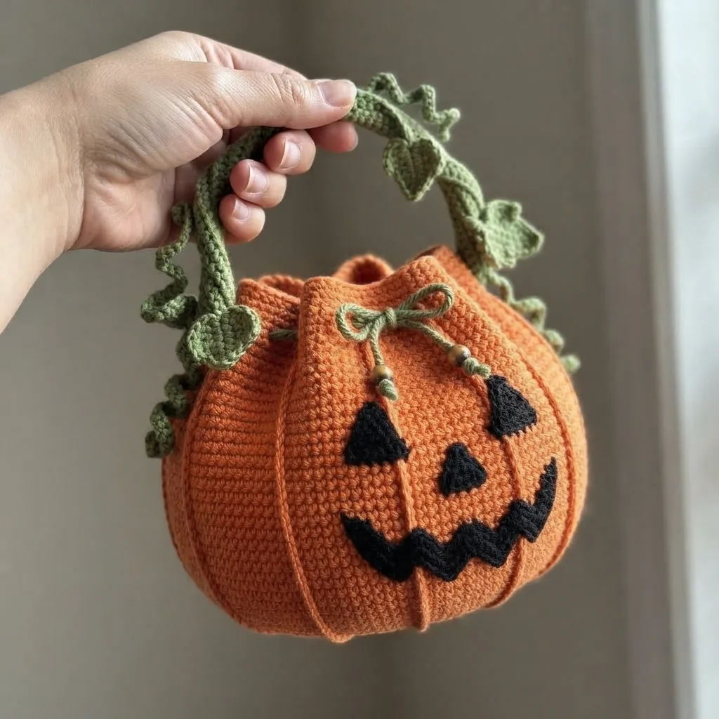 Finished orange crochet jack-o'-lantern bag with a green vine handle and leaves attached