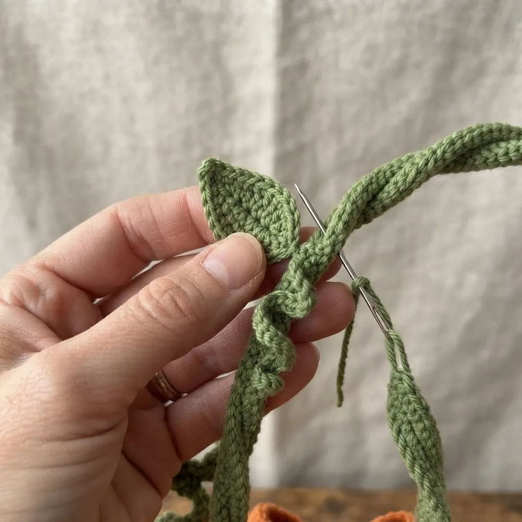 Green crochet vine handle and small leaves for a jack-o'-lantern bag, before attaching