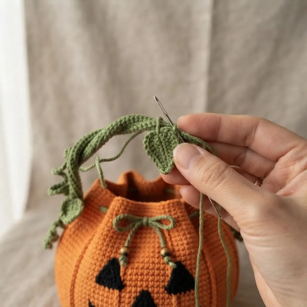 Green crochet vine handle and small leaves for a jack-o'-lantern bag, before attaching