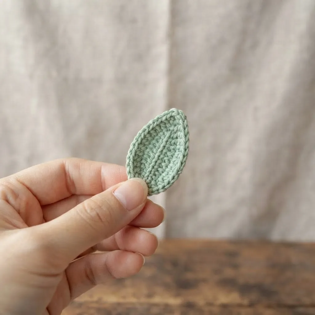Rolled crochet rose bloom, sepal base, and green leaves laid out before assembly
