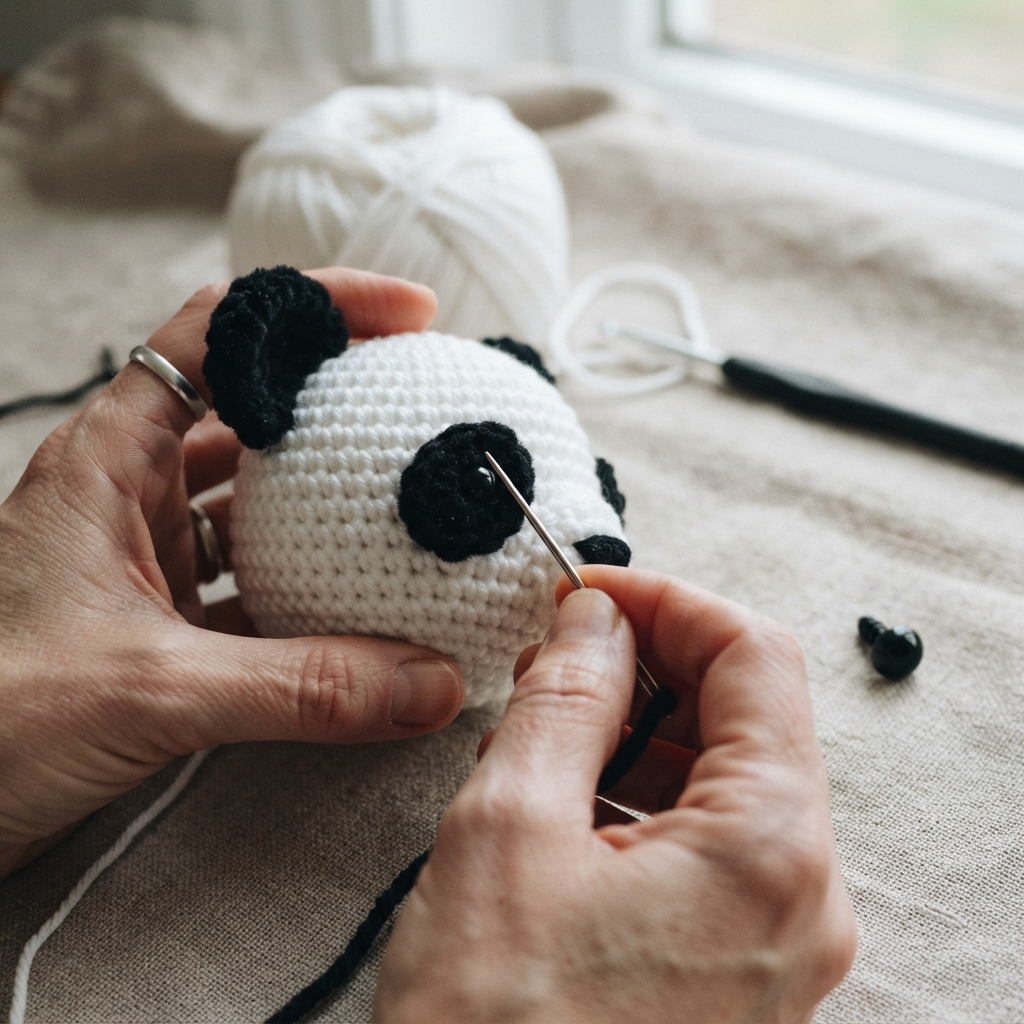 Two black crochet ears for a panda amigurumi, shown before attaching to the head
