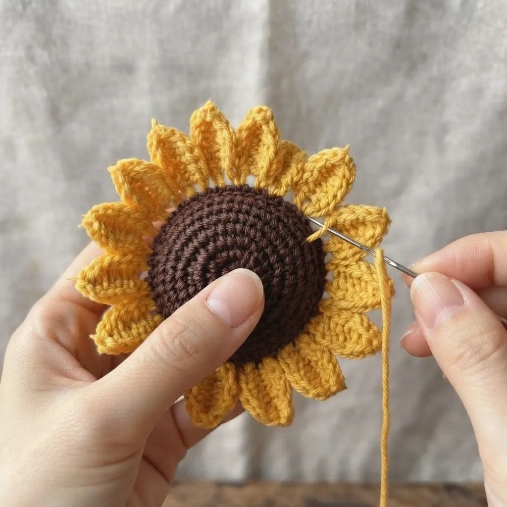 Two layers of golden crochet sunflower petals arranged around a textured brown center before sewing