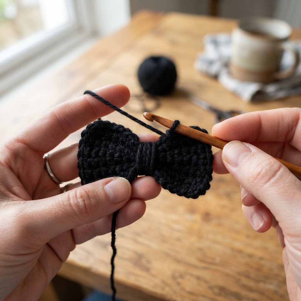 Small black crochet bow tie for a panda amigurumi, gathered at the center