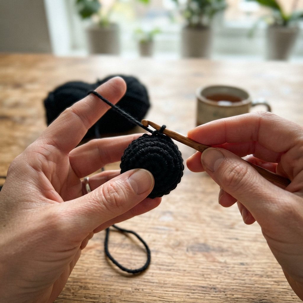 Black crochet arms for a panda amigurumi pattern, placed against the body before sewing