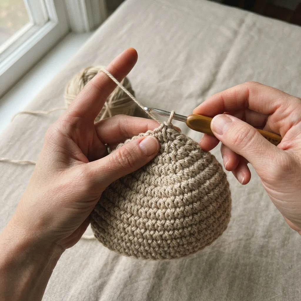 Close-up of a textured ribbed crochet band worked in front post half double crochet