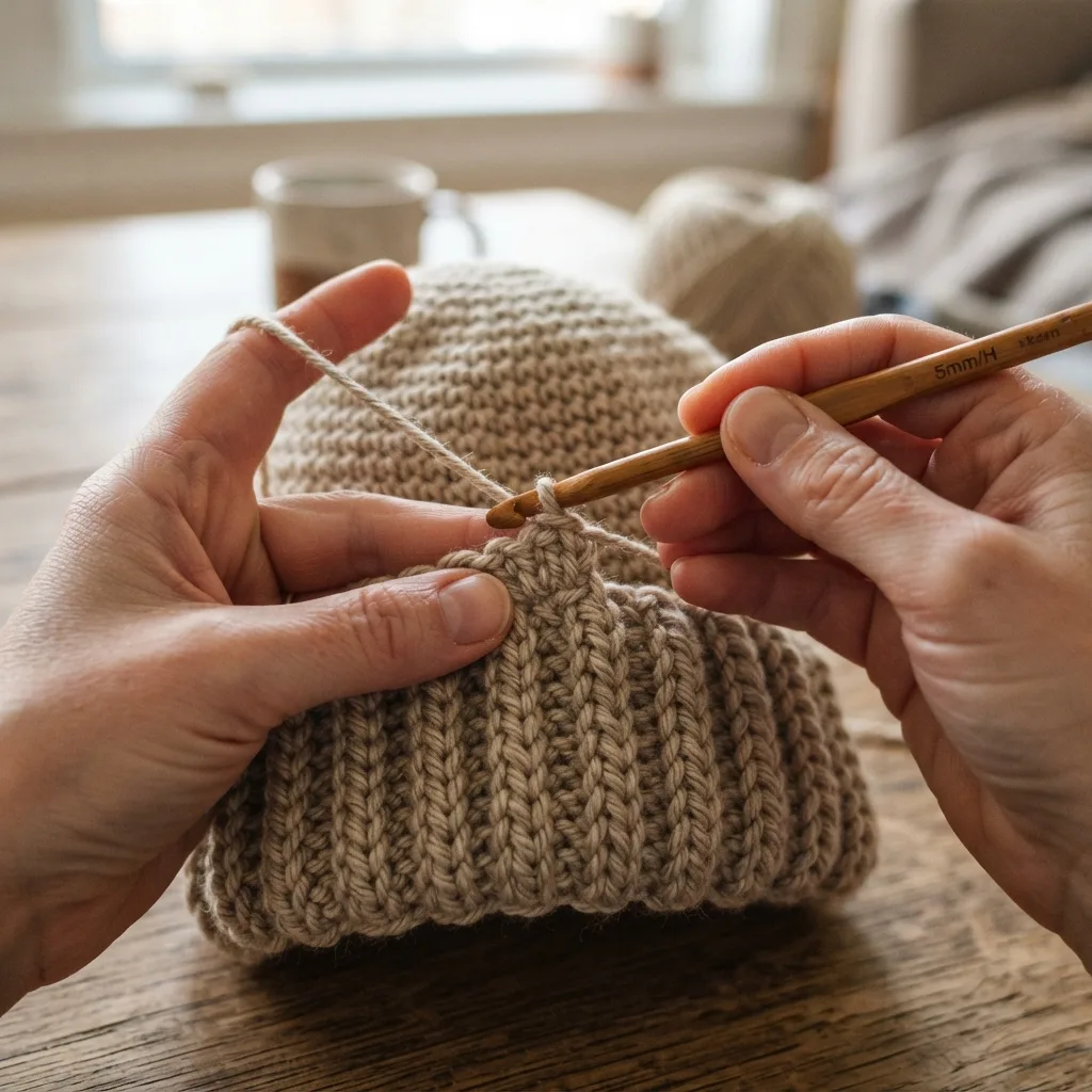 Close-up of a textured ribbed crochet band worked in front post half double crochet