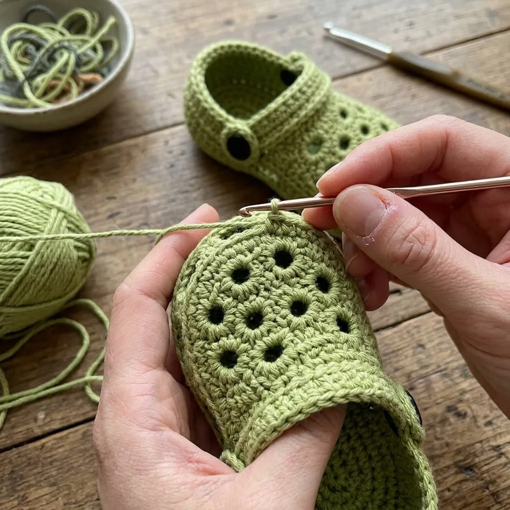 Crochet baby clog uppers and straps laid out before sewing together