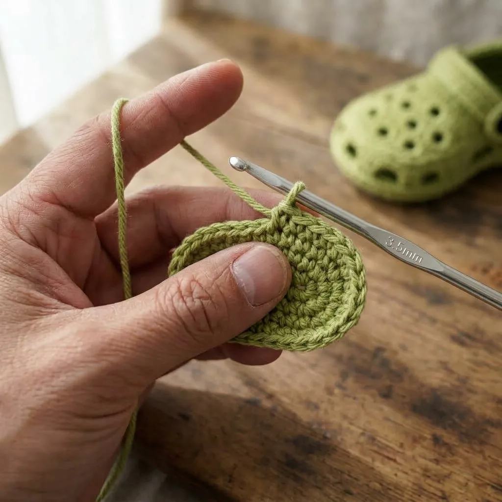 Close-up of staggered ventilation eyelets on a crochet baby clog bootie