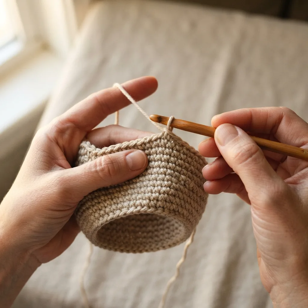 Close-up of a textured ribbed crochet band worked in front post half double crochet