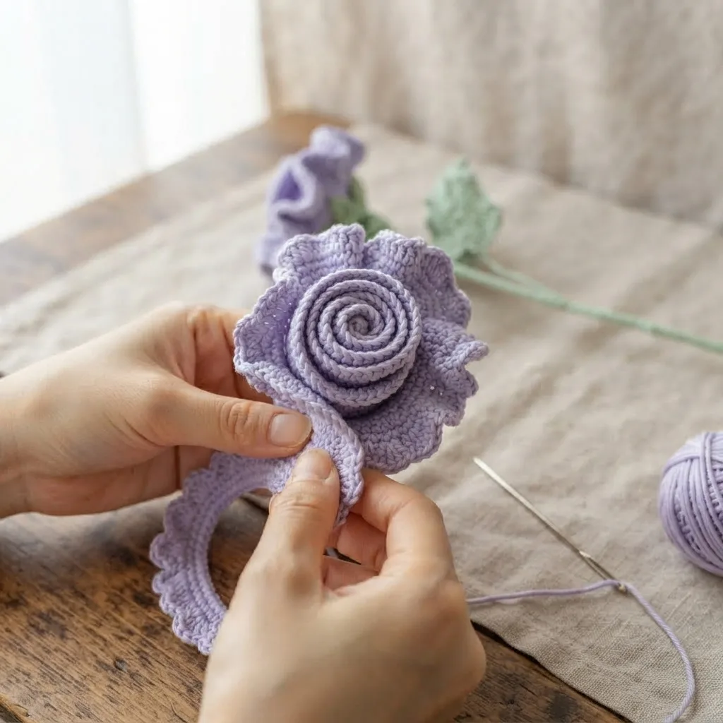 Wavy scalloped crochet petal strip for a lavender rose, before being rolled into a bloom