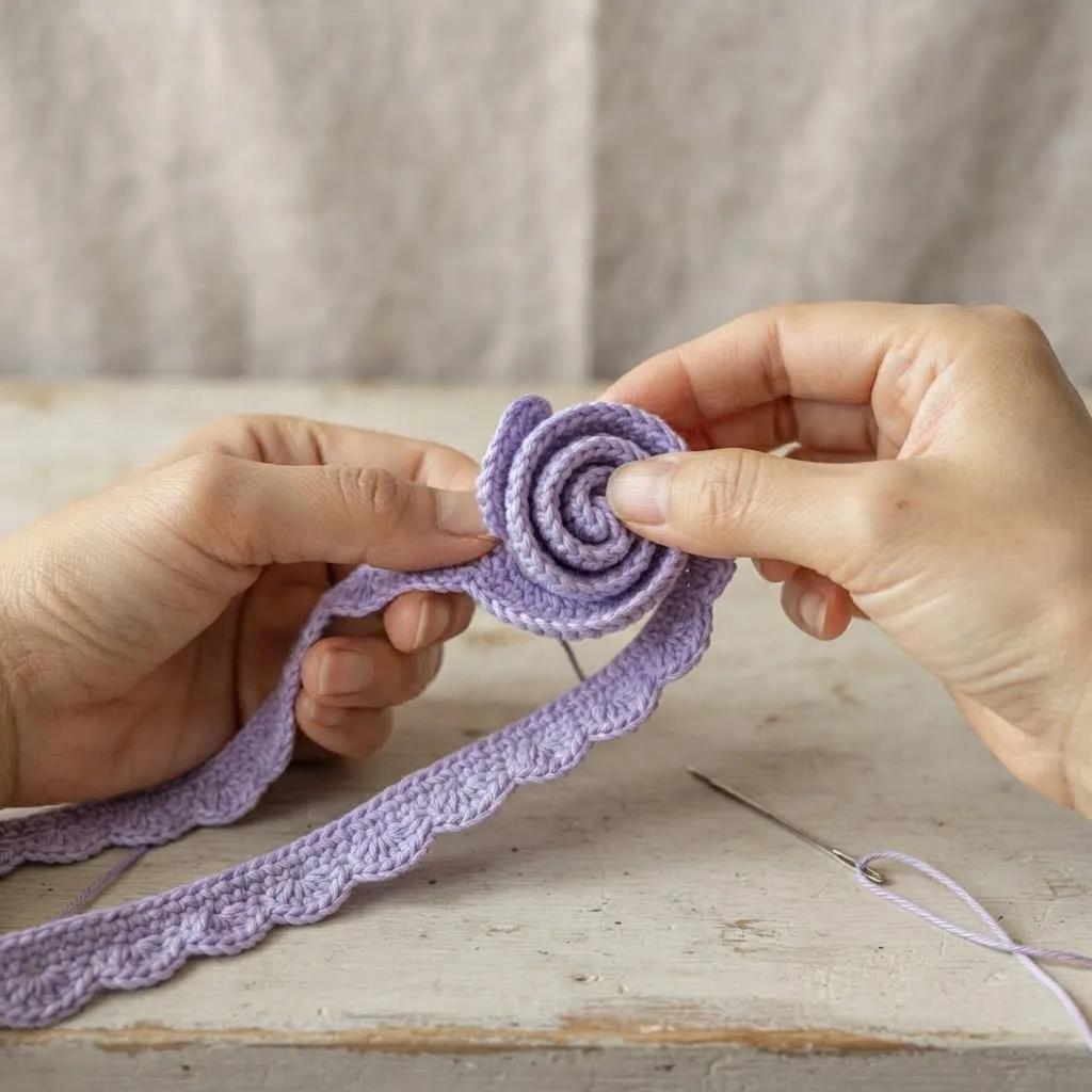 Wavy scalloped crochet petal strip for a lavender rose, before being rolled into a bloom