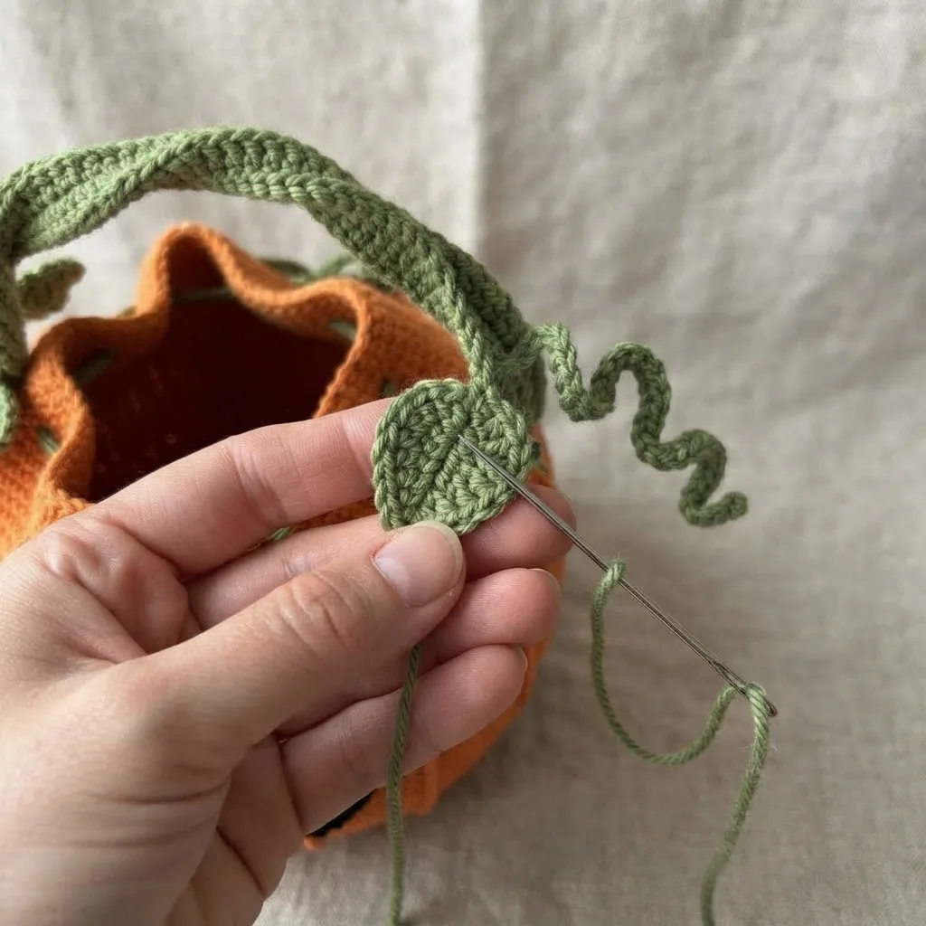 Green crochet vine handle and small leaves for a jack-o'-lantern bag, before attaching