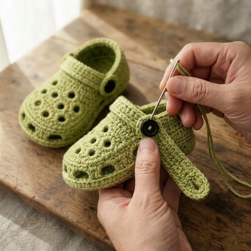 Crochet baby clog uppers and straps laid out before sewing together