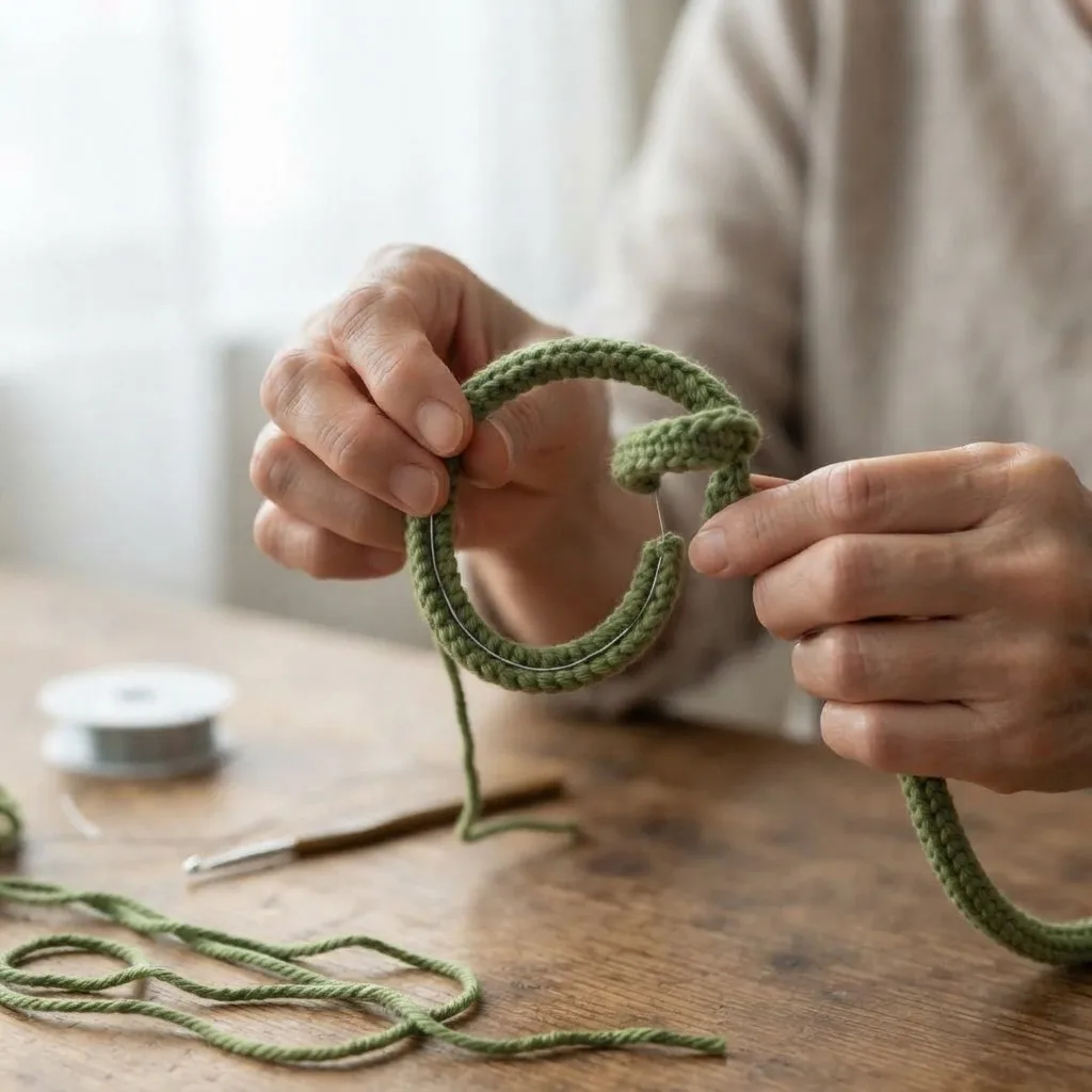 Green crochet vine handle and small leaves for a jack-o'-lantern bag, before attaching