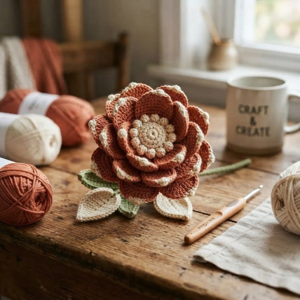 Handmade crochet flower with layered rust-colored petals, cream details, and green leaves on a wooden craft table