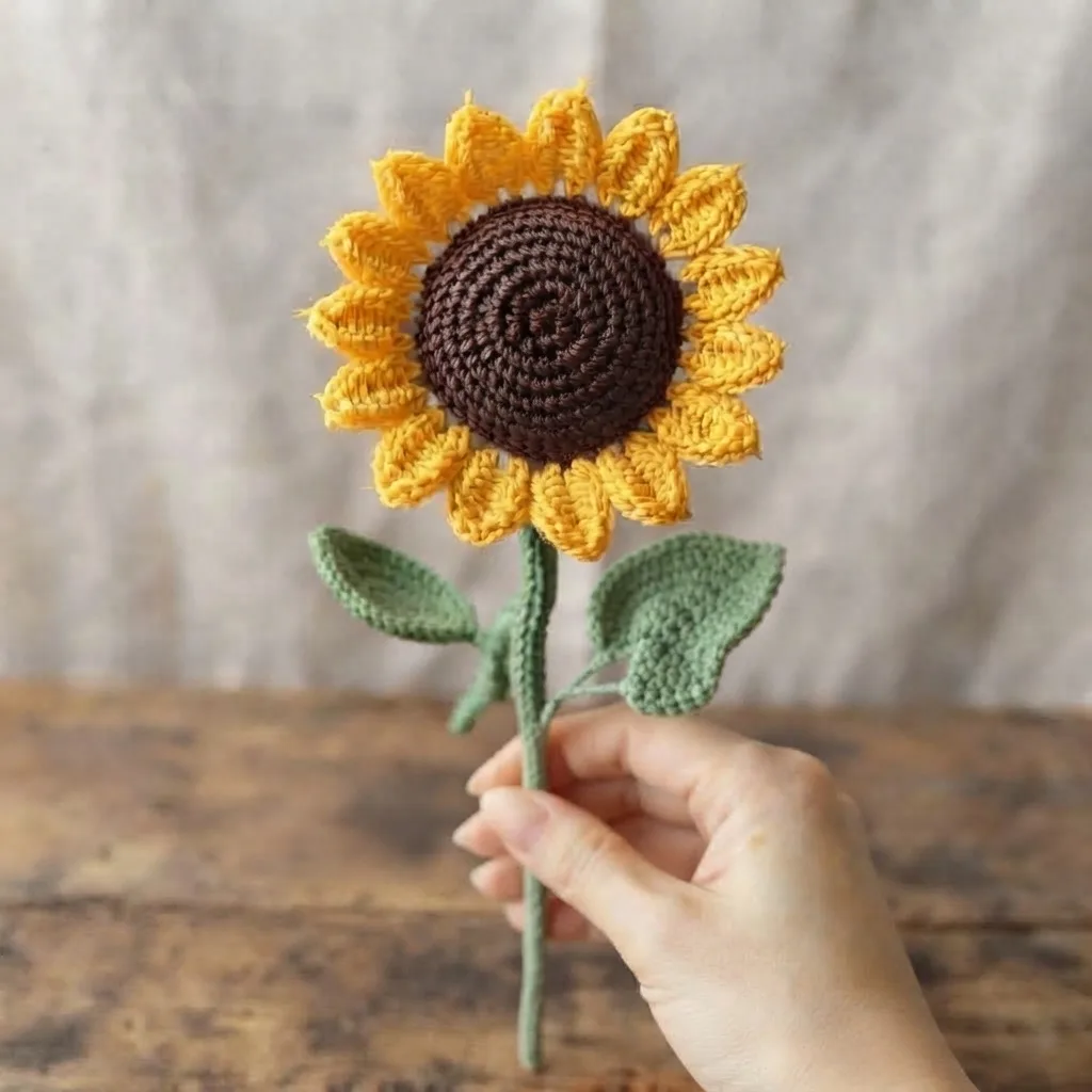Handmade crochet sunflower with golden petals, a textured brown center, and green leaves on a stem