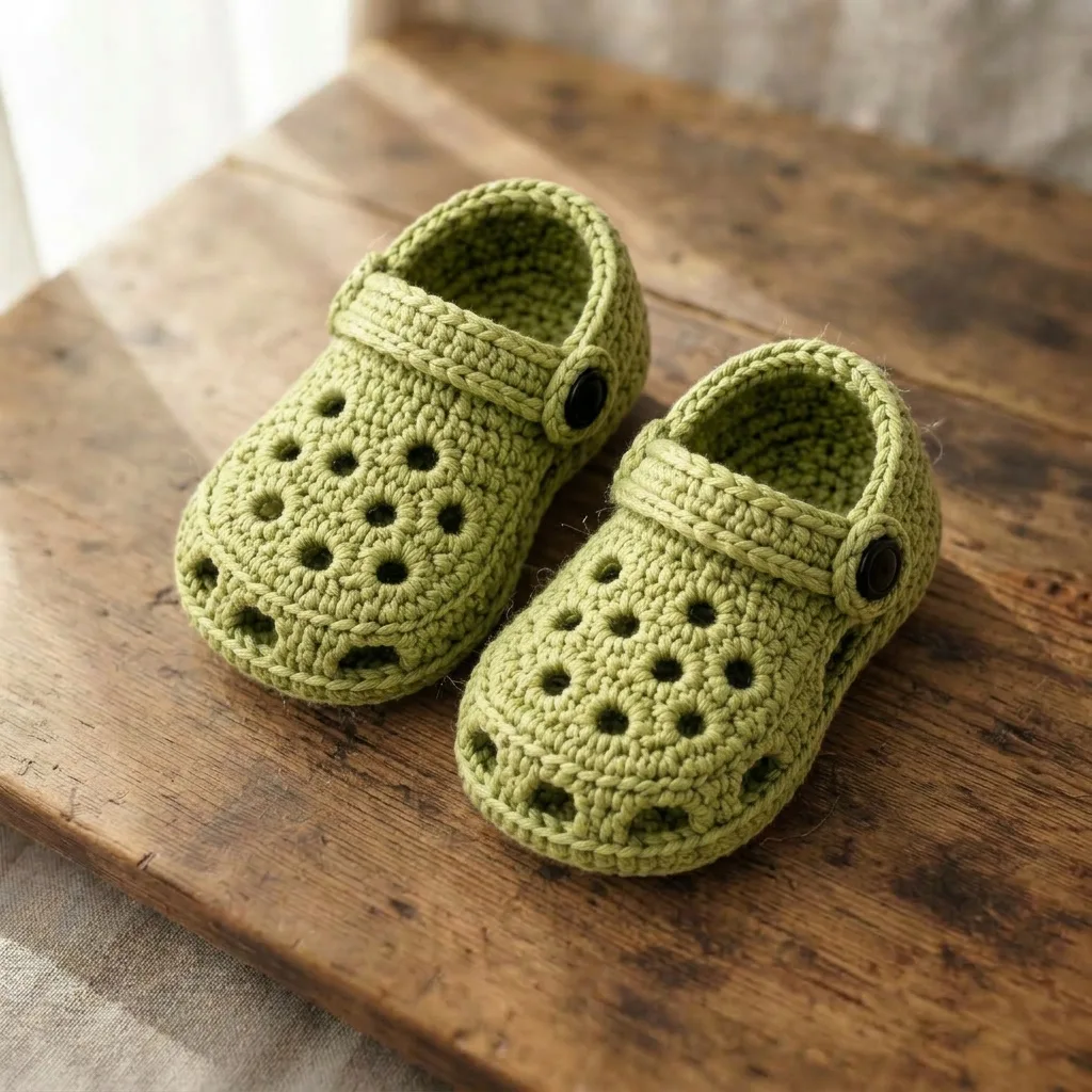 Handmade matcha green crochet baby clog booties with ventilation holes and button strap, on a wooden table