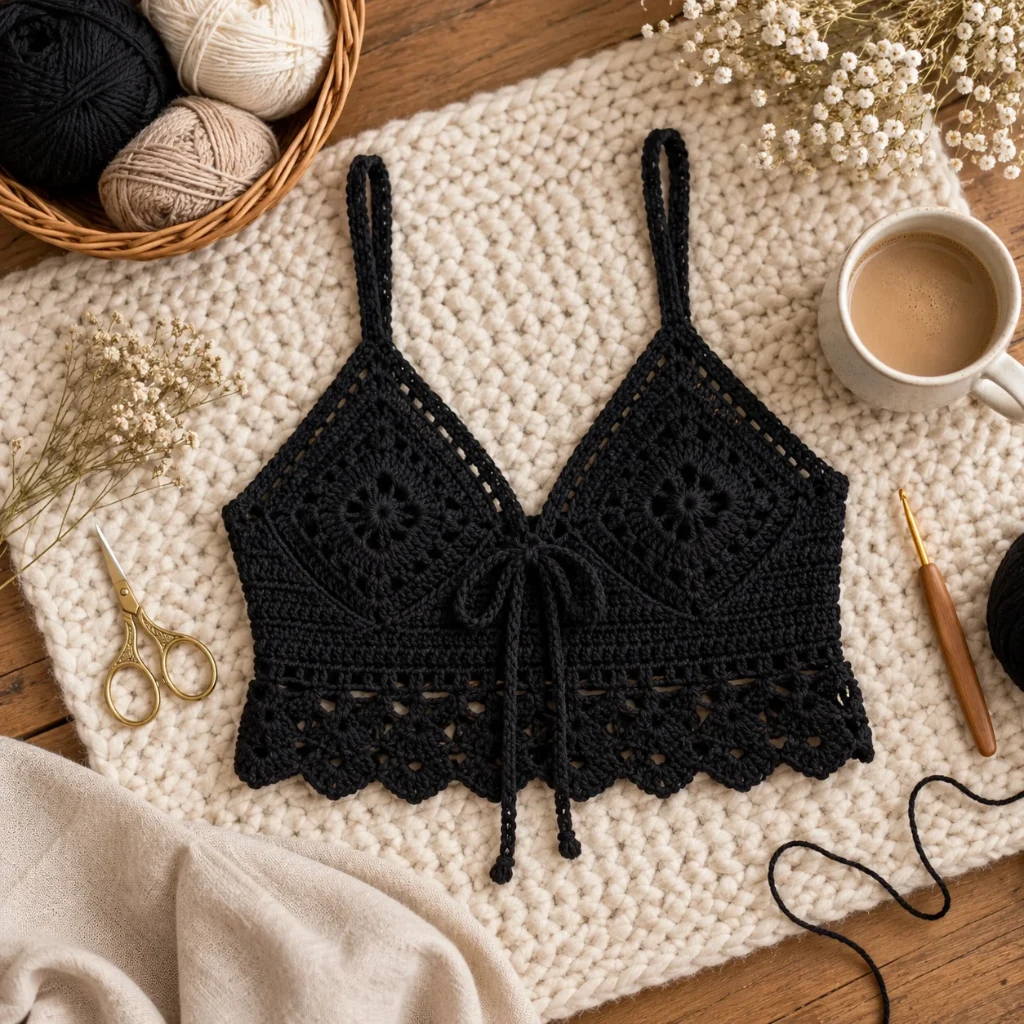 Handmade crochet top on a wooden table with yarn and crochet hooks in a cozy craft room.