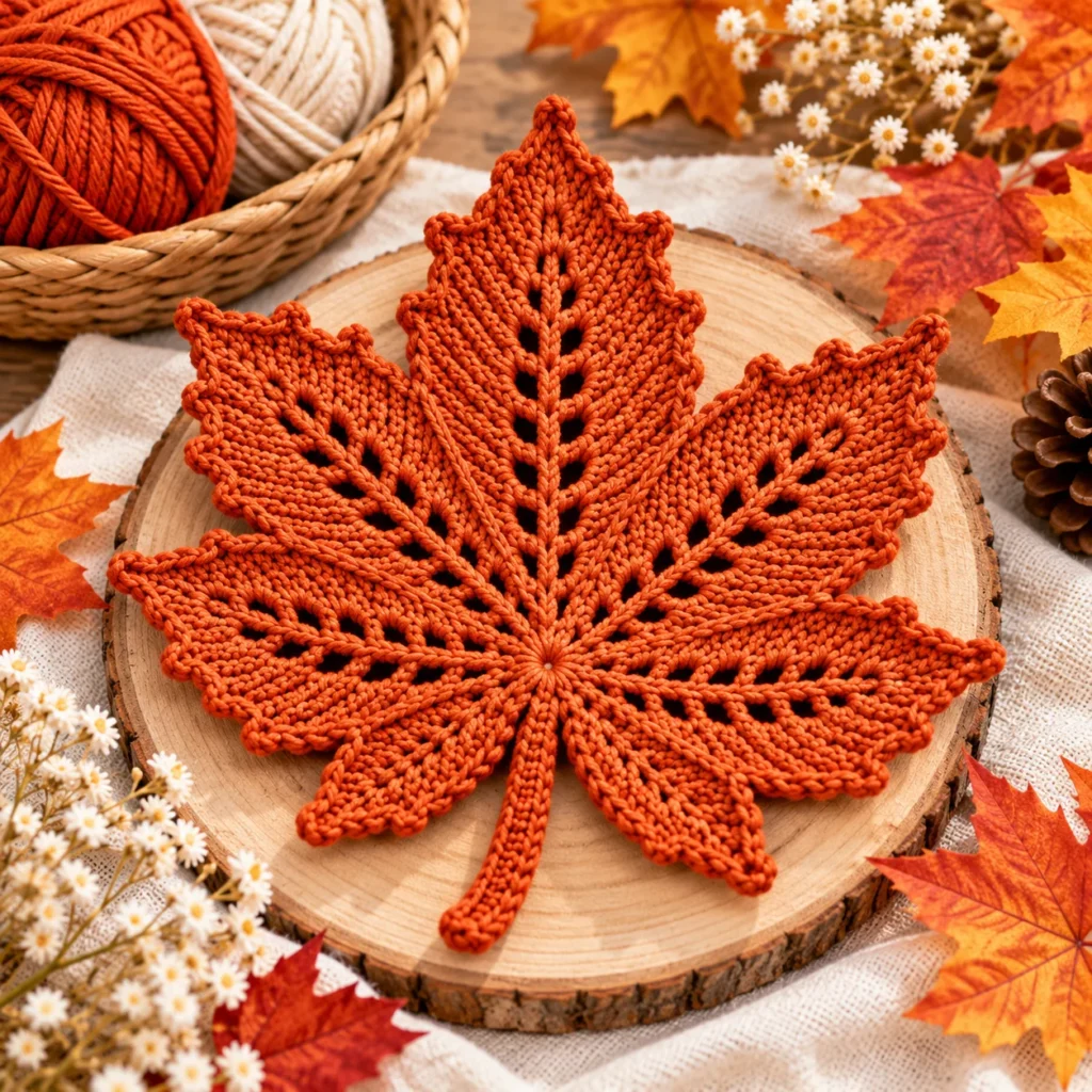 Orange crochet maple leaf pattern displayed on a wooden slice with autumn decorations